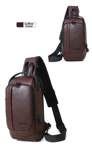 Detail of coffee brown leather chest bag showing USB charging port and pebble texture