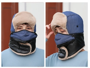 Detail of winter trapper hat with fleece lining, detachable face mask and neck gaiter