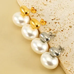 French Retro Artificial Pearl Stud Earrings For Women Stainless Steel 18K Gold Plated Geometric Elegant High End Jewelry