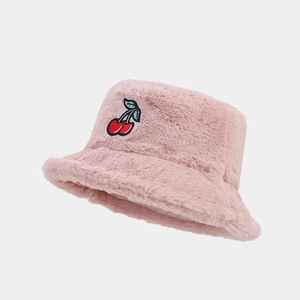 Pink plush bucket hat with cherry embroidery for winter casual fashion and warmth