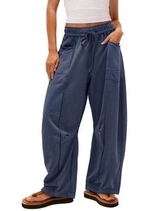 Damen Freizeithose mit weitem Bein in Dunkelblau mit Kordelzug und großen Seitentaschen