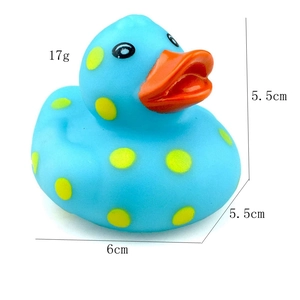 Blue rubber duck toy with yellow polka dots measuring 6cm by 5.5cm and weighing 17g