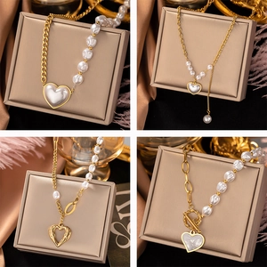 Collier Pendentif Cœur En Acier Inoxydable Chaîne Künstliche Perles Asymétrique Avec Incrustation Coquillage Bijoux Hip Hop Vintage Femmes