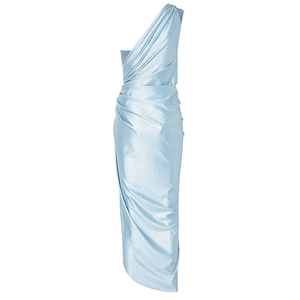 Detailed view of light blue satin one-shoulder dress with elegant draping and pleated fabric