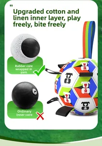Detail showing the heavy-duty rubber liner wrapped in cotton yarn for durable dog toy soccer ball