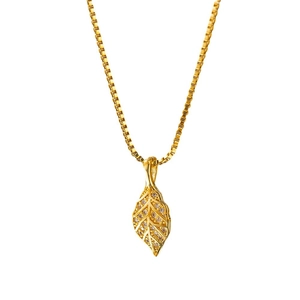 Elegant gold leaf pendant necklace with sparkling crystals on a classic box chain