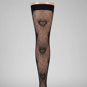 Sexy black fishnet thigh high socks featuring a delicate heart pattern and elastic cuffs