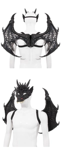 Detailed front and back view of black dragon wings and mask set for cosplay costume