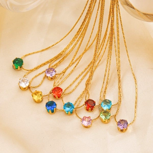Birthstone Pendant Necklace Round Zirconia Stainless Steel Gold Plated Colorful 6-Claw Elegant Jewelry For Women