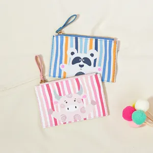 Cute Cartoon Animal Mini Coin Purse PU Leather Striped Zippered Small Wallet With Wristlet Strap For Women Girls