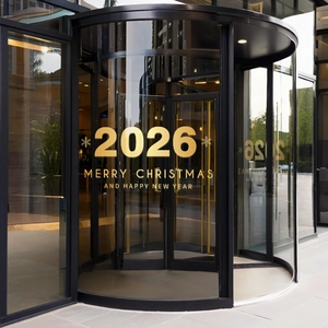 Golden 2026 Merry Christmas and Happy New Year static glass stickers for shop window decor