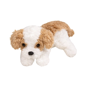 Cute plush lying dog doll in white and light brown with soft long fur for kids
