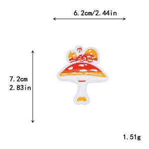 Colorful mushroom embroidered patch with size dimensions 6.2x7.2cm and 1.51g weight