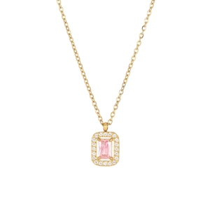 Elegant gold chain necklace featuring a rectangular pink zircon pendant with a halo of crystals