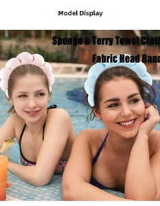 Outdoor shot of models wearing pink and blue puffy sponge headbands by the pool