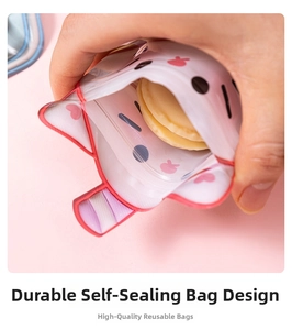 Close-up of cute cartoon cat-shaped ziplock bag used for storing snacks and cookies