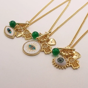 Bohemian Copper Gold Plated Necklace Evil Eye Hamsa Hand Heart Pendant AAA Zircon Green Bead Sweater Chain Jewelry