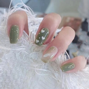 Olive Green Translucent Nude Press On Nails With White Heart Flower Patterns Gold Foil Glitter Coffin Shape Full Cover
