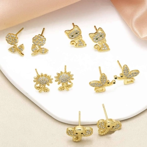 Fashion Gold Plated Copper Stud Earrings Animal Cat Elephant Flower Butterfly Zirconia Inlaid Minimalist Commuter Earrings For Women