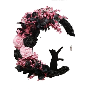 Halloween crescent moon wreath with black rattan, roses and a black cat silhouette