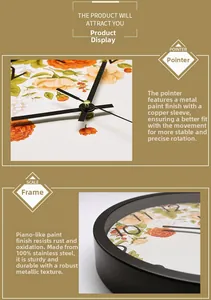 Detail of silent wall clock showing premium steel frame and floral dial patterns