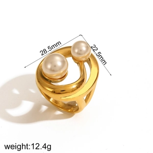 18k gold plated stainless steel geometric twisted ring with pearl, 12.4g weight