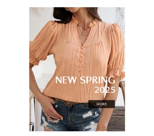 Detail of orange textured V-neck blouse with ruffled collar and button-up front details