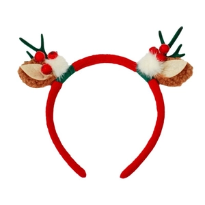 Christmas reindeer antler headband with plush ears and festive red berry decorations