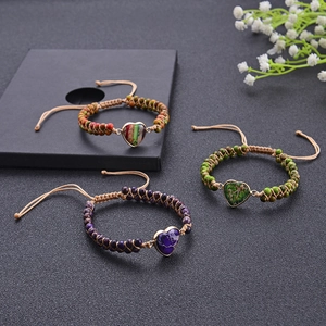 Handmade woven stone bracelets with heart pendants and adjustable braided cord set