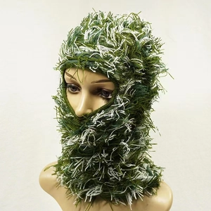 Ghillie style knitted balaclava mask in green and white camouflage for outdoor warmth