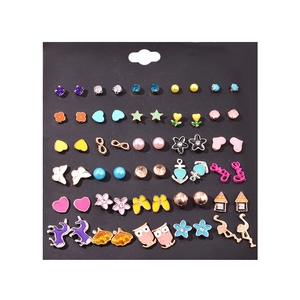 Set of 30 pairs of colorful assorted stud earrings including hearts, animals and stars