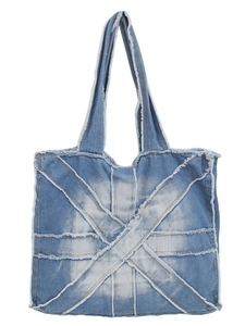 Retro denim tote bag featuring vintage distressed texture and large capacity shoulder design