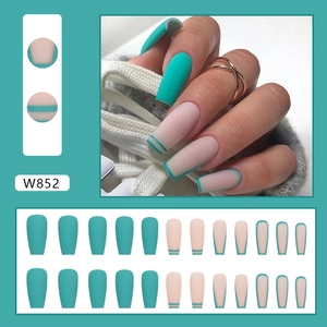 Matte seafoam green and nude pink press-on nails in long coffin shape 24pcs set