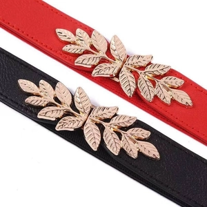 Elastic waist belts for women with golden leaf buckle in red and black colors