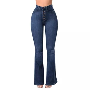Jean évasé bleu foncé pour femme avec taille haute et fermeture à boutons multiples