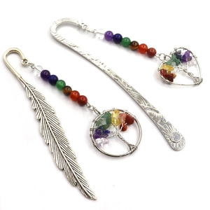 Detailed view of silver feather bookmarks with tree of life pendants and chakra beads