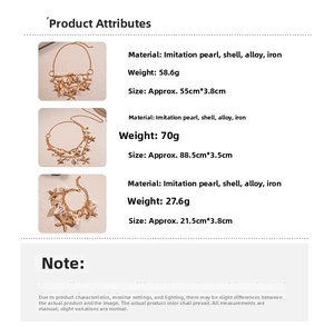 Size chart showing specs for pearl starfish necklaces and bracelets in alloy and shell