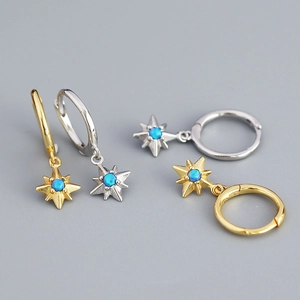 925 Sterling Silver Huggie Hoop Earrings With Octagram Star Pendant Blue Opal Inlay Geometric Elegant Jewelry For Women