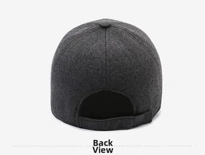 Rear view of warm grey winter baseball cap with adjustable velcro strap and thick fabric