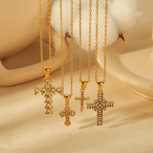 Cross Pendant Necklace 18K Gold Plated Stainless Steel With Cubic Zirconia Elegant Minimalist Fashion Jewelry For Women