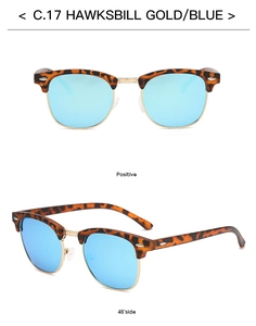 Nahaufnahme der Retro-Halbrahmen-Sonnenbrille in Schildpatt und Gold mit blauen Gläsern