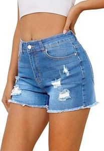 Detailed view of light blue denim shorts featuring frayed hems and distressed ripped patterns