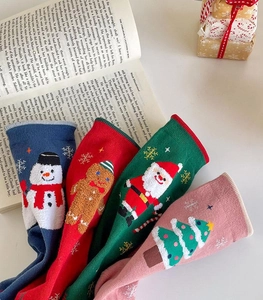 Detail of Christmas crew socks with Santa, snowman and tree patterns in holiday colors