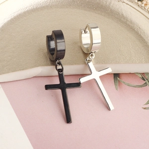 Detail view of cross pendant earrings in silver and black stainless steel