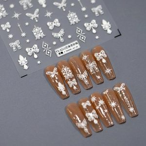 5D Embossed Nail Art Stickers White Artificial Baroque Pearl Style 3D Self Adhesive Bow Star Cross Retro Nail Decals DIY Decorations