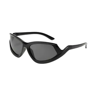 Black aerodynamic sports sunglasses with wrap-around frame and dark grey lenses