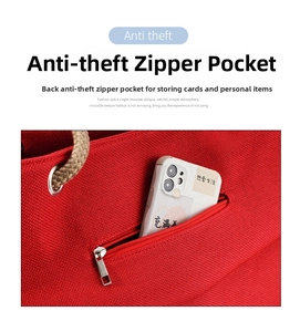 Macro shot of red canvas tote bag with a back anti-theft zipper pocket for smartphones