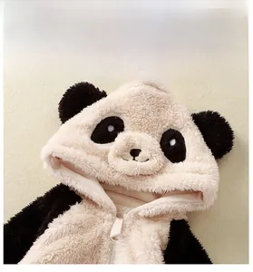 Detail of baby panda plush romper featuring a 3D hooded face and soft fleece texture
