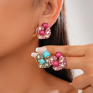 Vintage Flower Geometric Stud Earrings For Women With Acrylic Rhinestone Enamel And Silver Earring Post Bohemian Jewelry