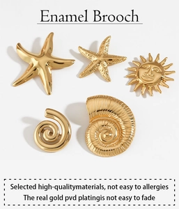 Detailed close-up of 5-piece gold starfish and seashell brooch set with PVD plating
